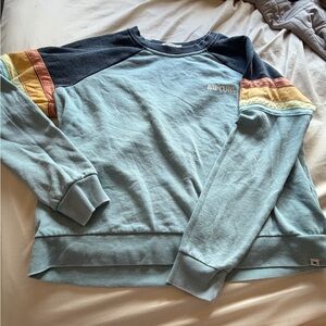 Rip Curl Women's Light Blue Sweatshirt with Navy and Sunrise Stripe Sleeves